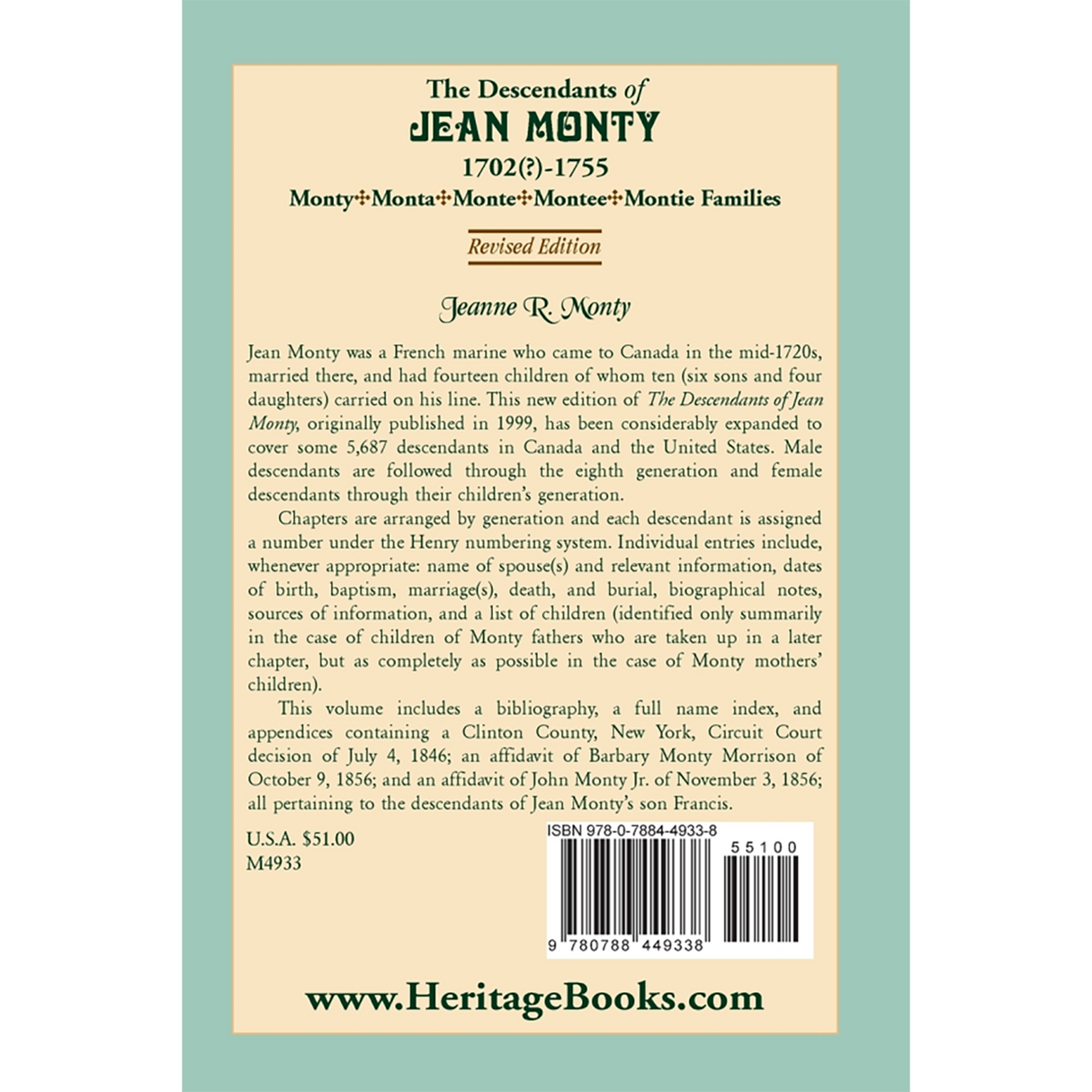 The Descendants of Jean Monty, 1702(?)-1755: Monty/Monte/Montee/Montie Families, Revised Edition back cover