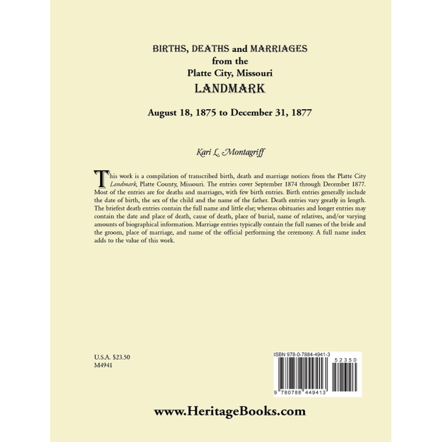 Births, Deaths and Marriages from the Platte City, Missouri Landmark, August 18, 1875-December 31, 1877 back cover