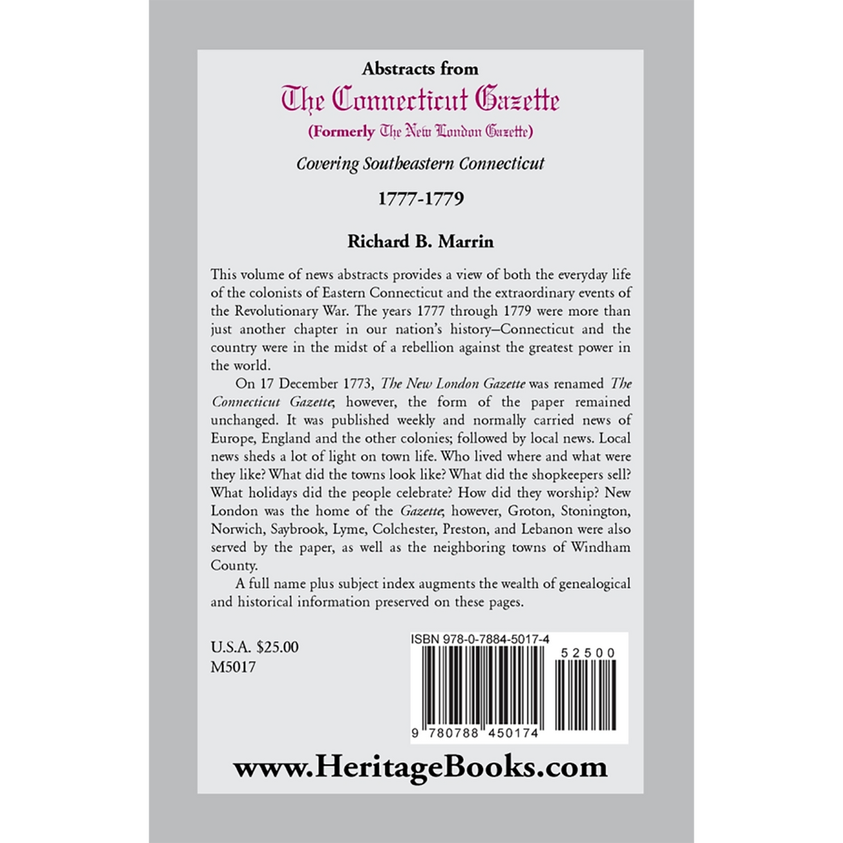 Abstracts from The Connecticut Gazette [formerly The New London Gazette] Covering Southeastern Connecticut, 1777-1779 back cover