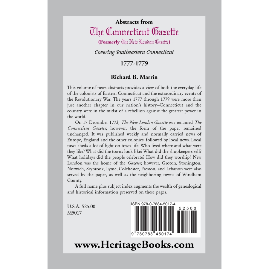 Abstracts from The Connecticut Gazette [formerly The New London Gazette] Covering Southeastern Connecticut, 1777-1779 back cover