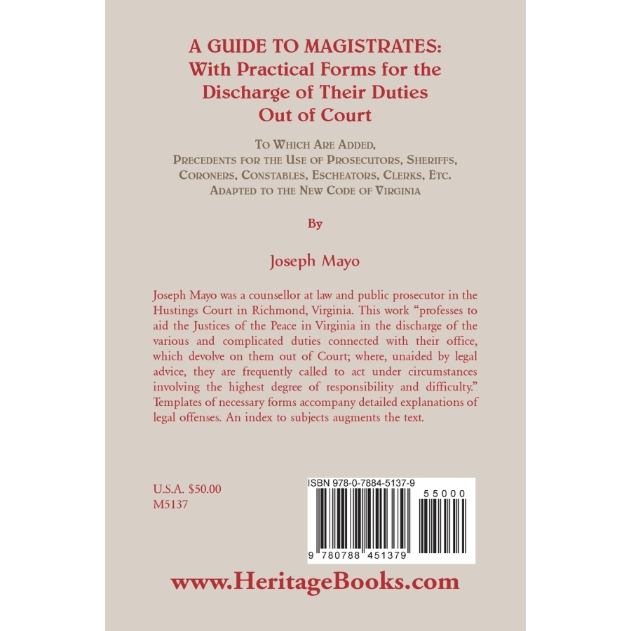 back cover of A Guide to Magistrates: With Practical Forms for the Discharge of their Duties Out of Court
