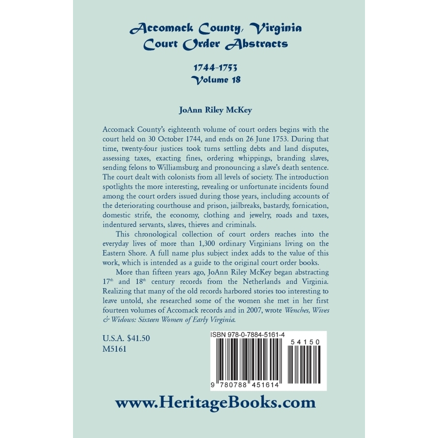 back cover of Accomack County, Virginia Court Order Abstracts, Volume 18: 1744-1753