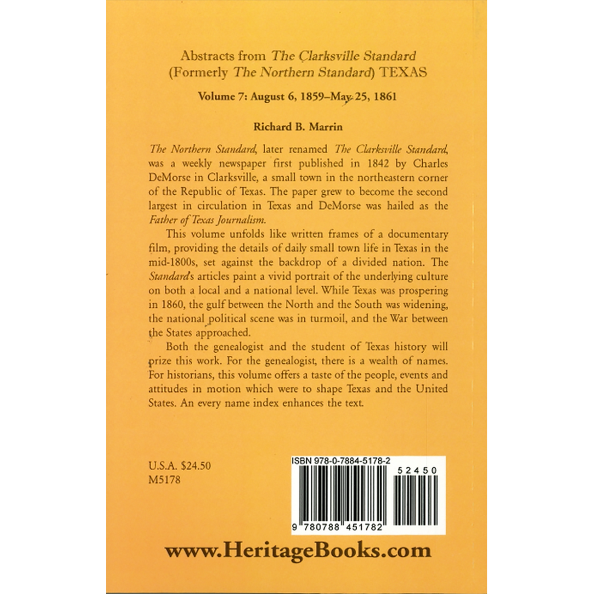 Abstracts from the "Clarksville [Texas] Standard" (formerly the "Northern Standard"), Volume 7: August 6, 1859-May 25, 1861 back cover