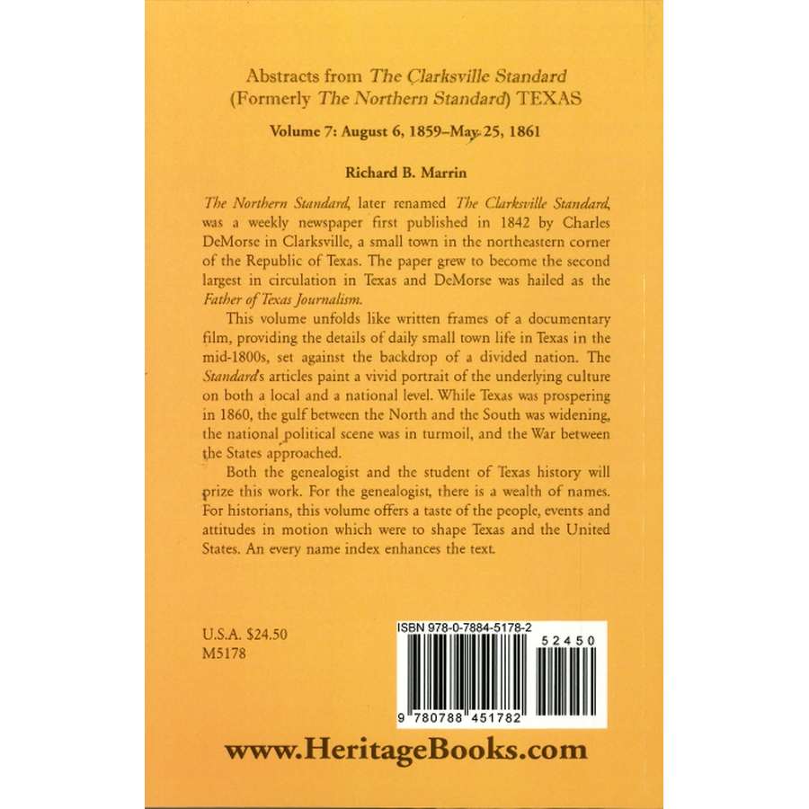 Abstracts from the "Clarksville [Texas] Standard" (formerly the "Northern Standard"), Volume 7: August 6, 1859-May 25, 1861 back cover