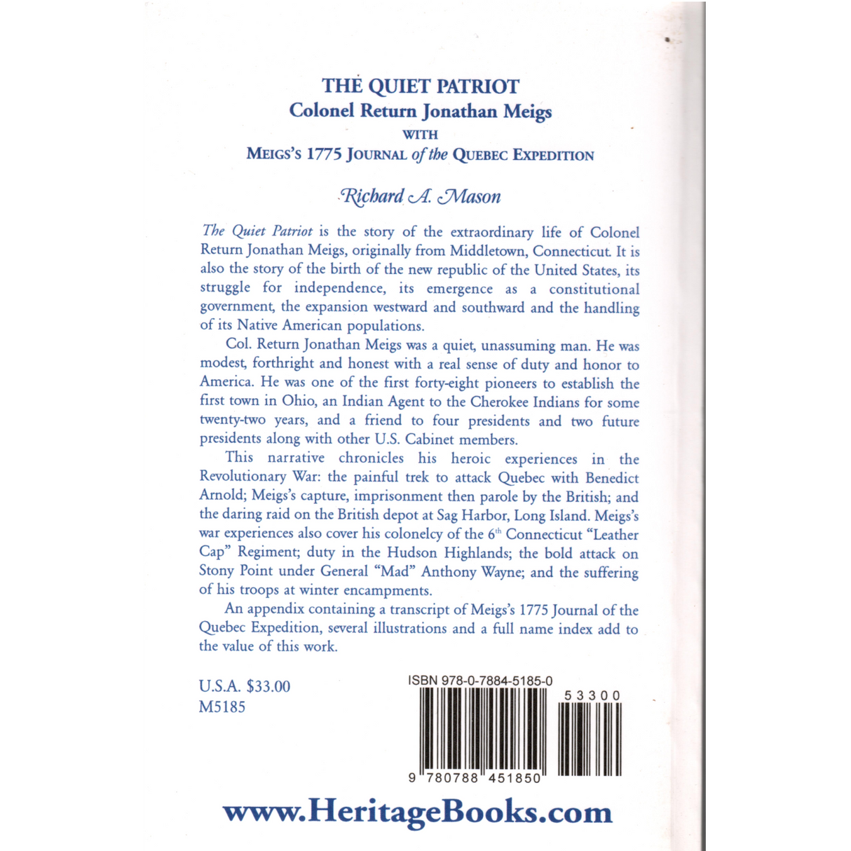 The Quiet Patriot, Colonel Return Jonathan Meigs: With Meigs's 1775 Journal of the Quebec Expedition back cover
