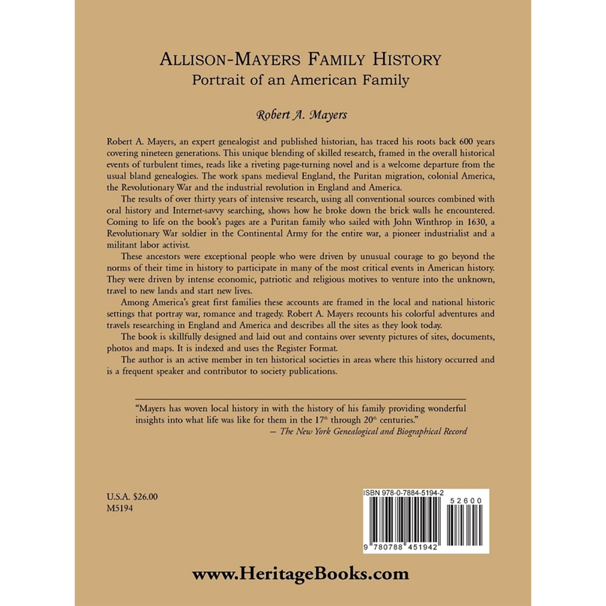 Allison-Mayers Family History: Portrait of an American Family back cover