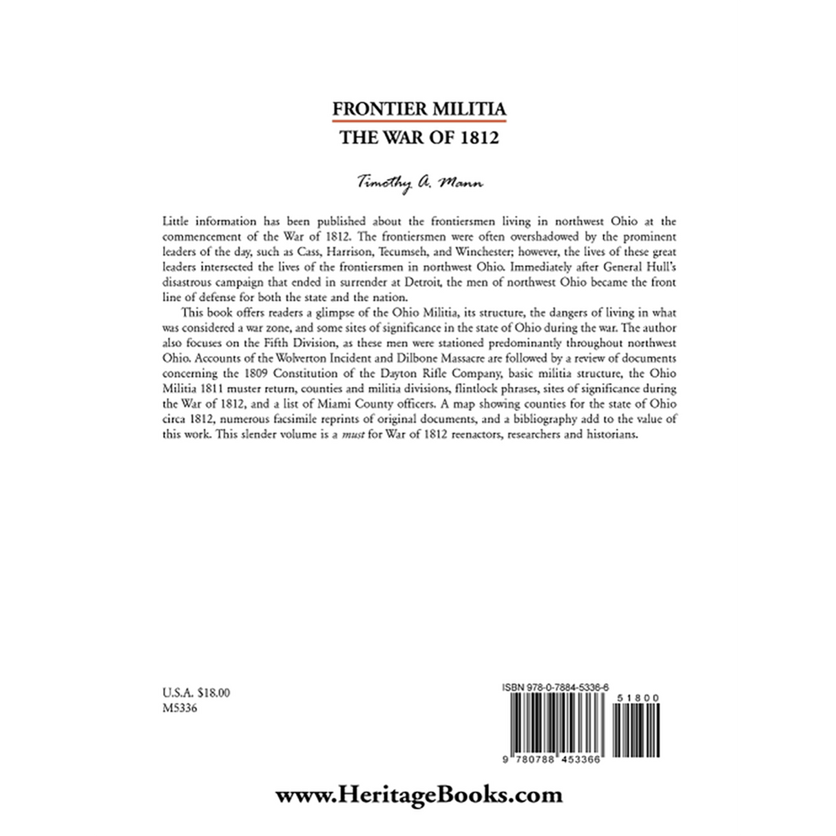 Frontier Militia: The War of 1812 back cover
