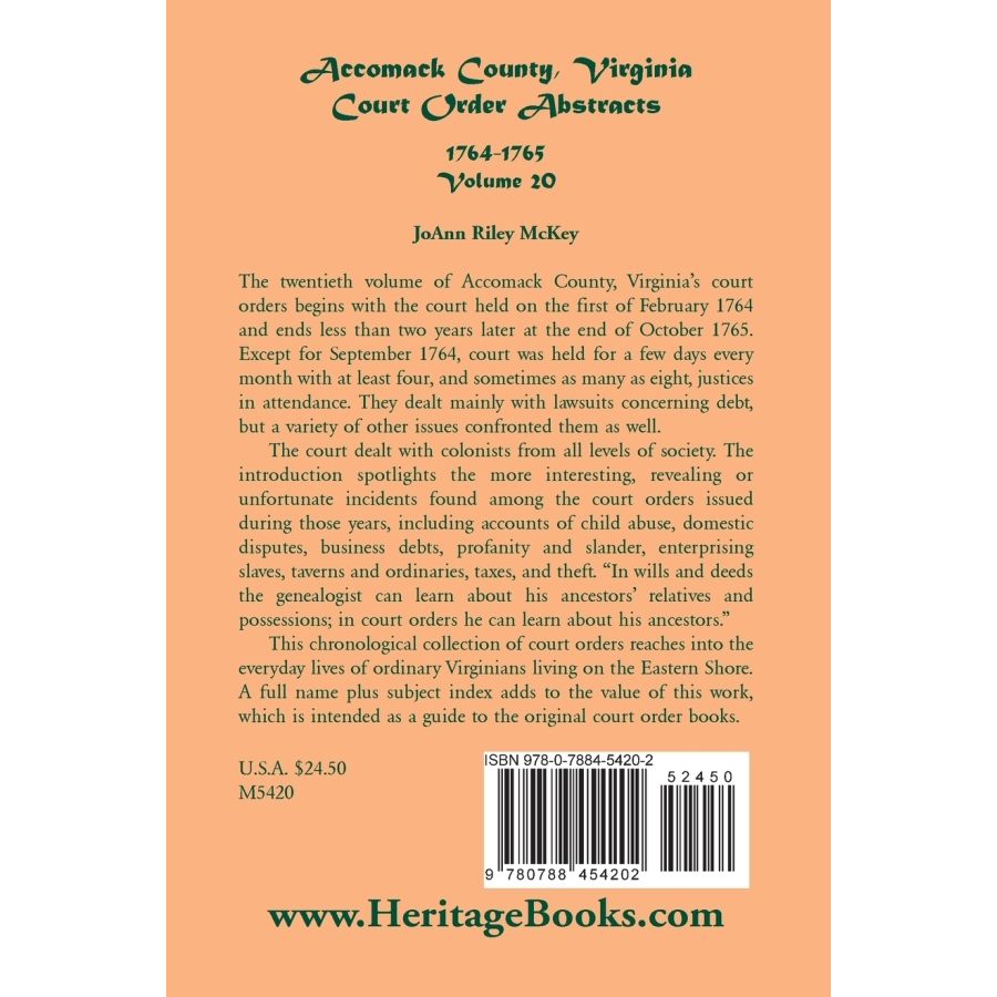 back cover of Accomack County, Virginia Court Order Abstracts, Volume 20: 1764-1765