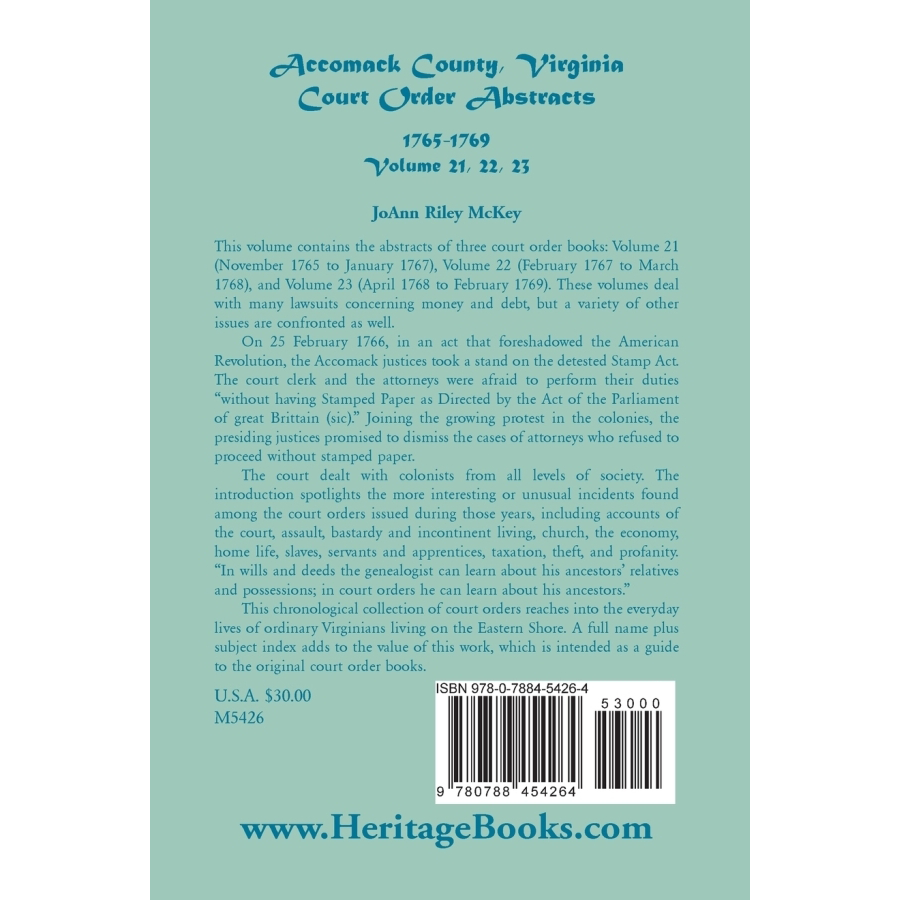 back cover of Accomack County, Virginia Court Order Abstracts, Volumes 21, 22, 23, 1765-1769