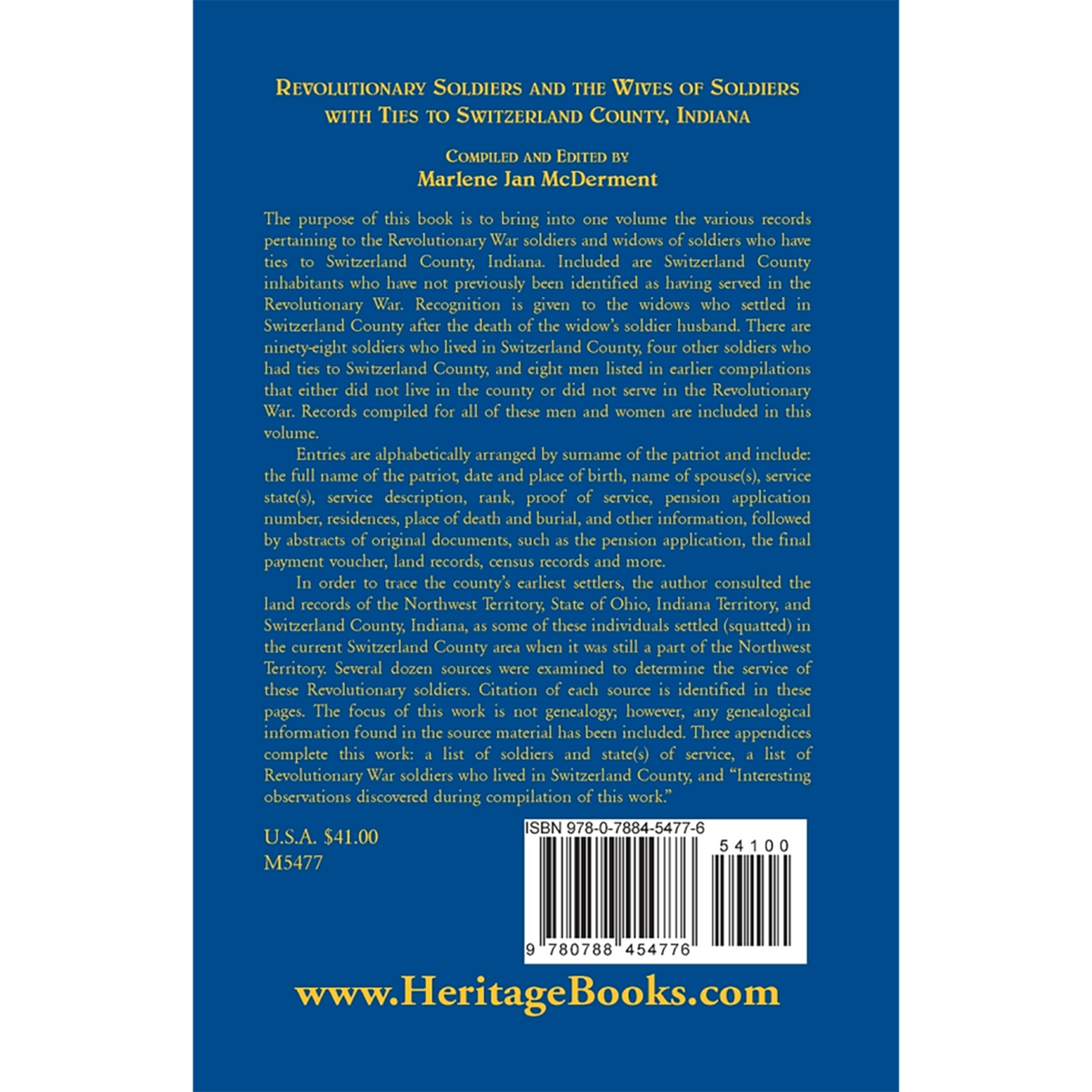 Revolutionary Soldiers and the Wives of Soldiers with ties to Switzerland County, Indiana back cover