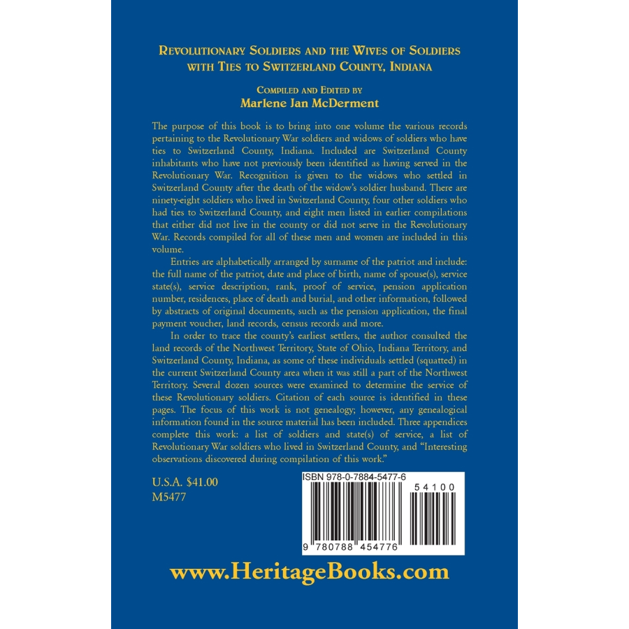 Revolutionary Soldiers and the Wives of Soldiers with ties to Switzerland County, Indiana back cover