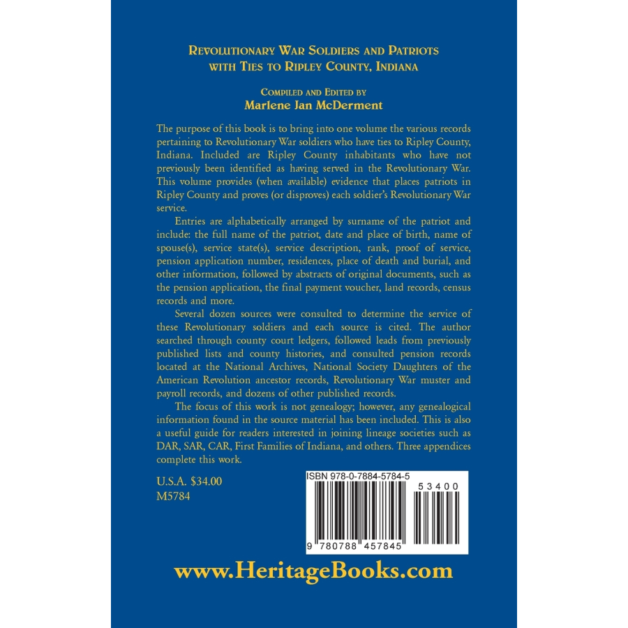 Revolutionary War Soldiers and Patriots with ties to Ripley County, Indiana back cover