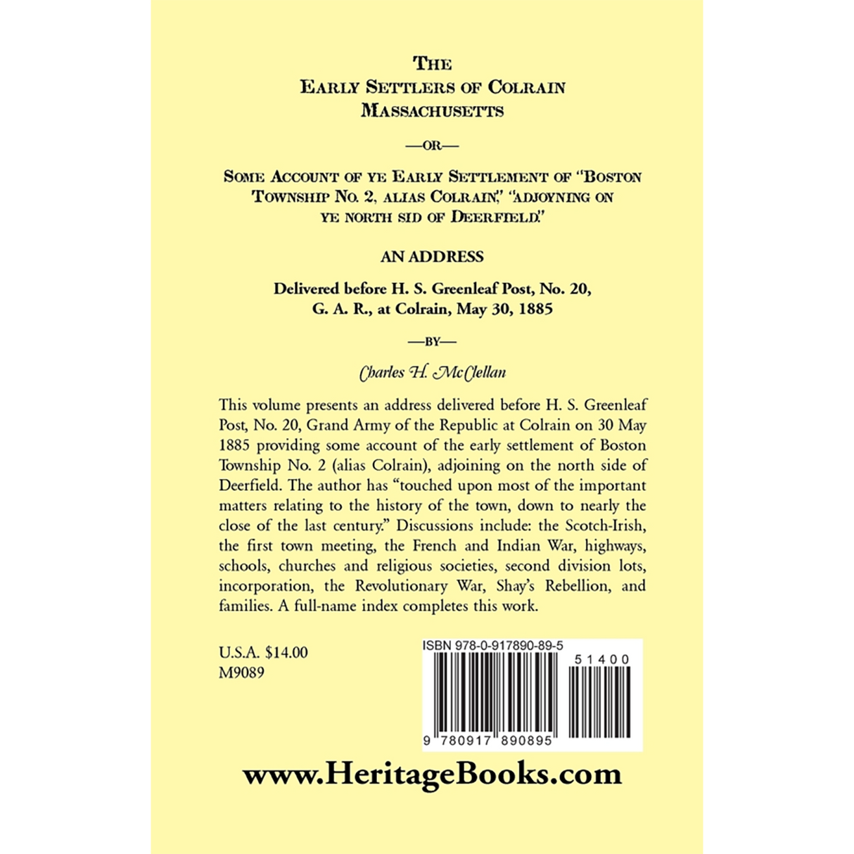 The Early Settlers of Colrain, Massachusetts back cover