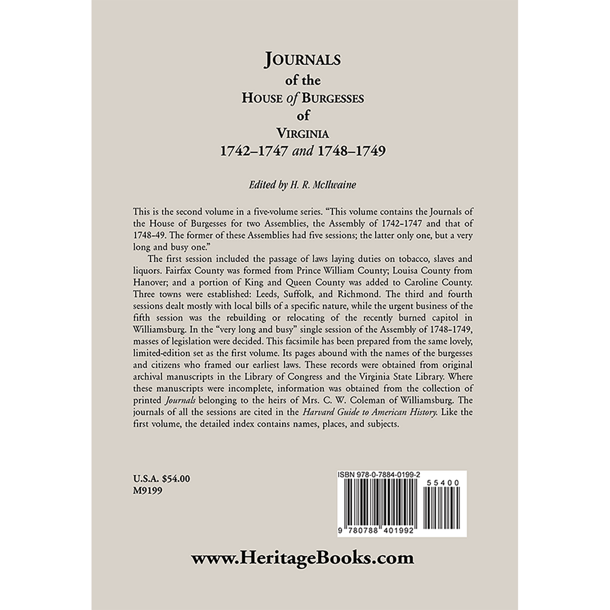 Journals of the House of Burgesses of Virginia, 1742-1747, 1748-1749 back cover