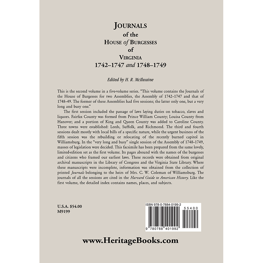 Journals of the House of Burgesses of Virginia, 1742-1747, 1748-1749 back cover
