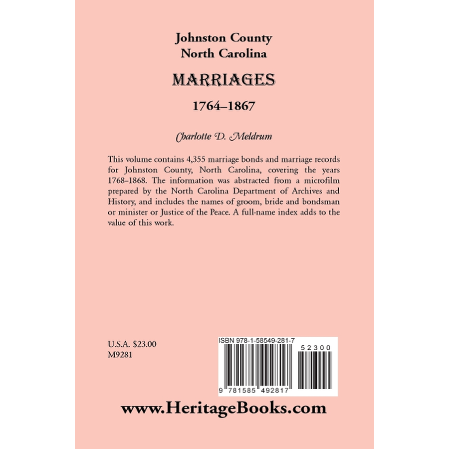 back cover of Johnston County, North Carolina Marriages, 1764-1867