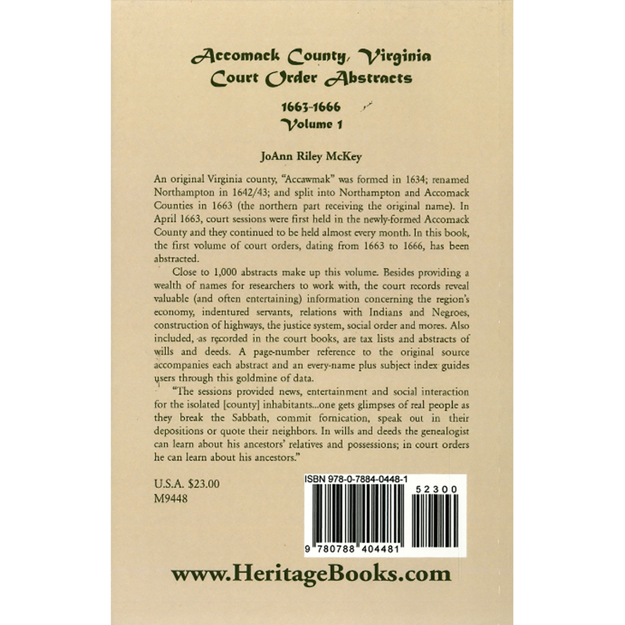 Accomack County, Virginia Court Order Abstracts, Volume 1: 1663-1666 back cover