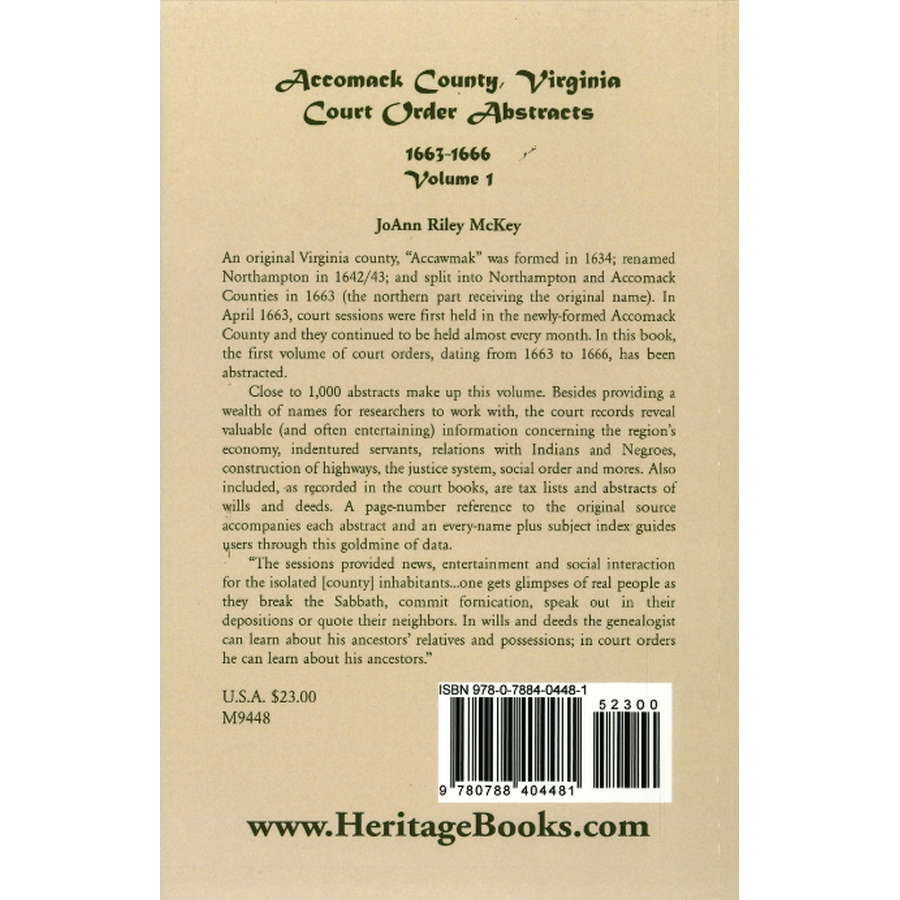 Accomack County, Virginia Court Order Abstracts, Volume 1: 1663-1666 back cover