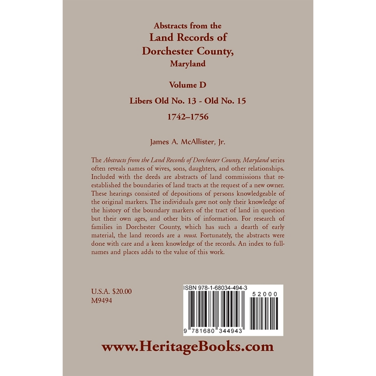 Abstracts from the Land Records of Dorchester County, Maryland, Volume D: 1740-1756 back cover