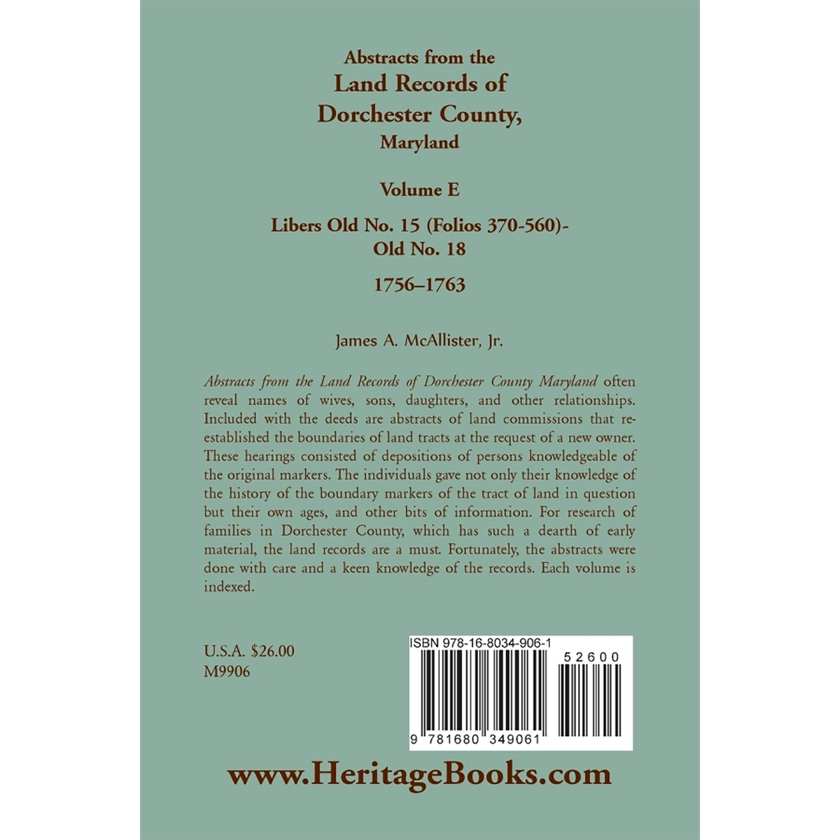Abstracts from the Land Records of Dorchester County, Maryland, Volume E: 1756-1763 back cover