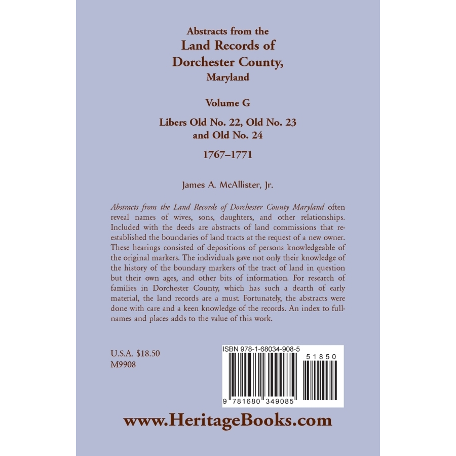Abstracts from the Land Records of Dorchester County, Maryland, Volume G: 1767-1771 back cover