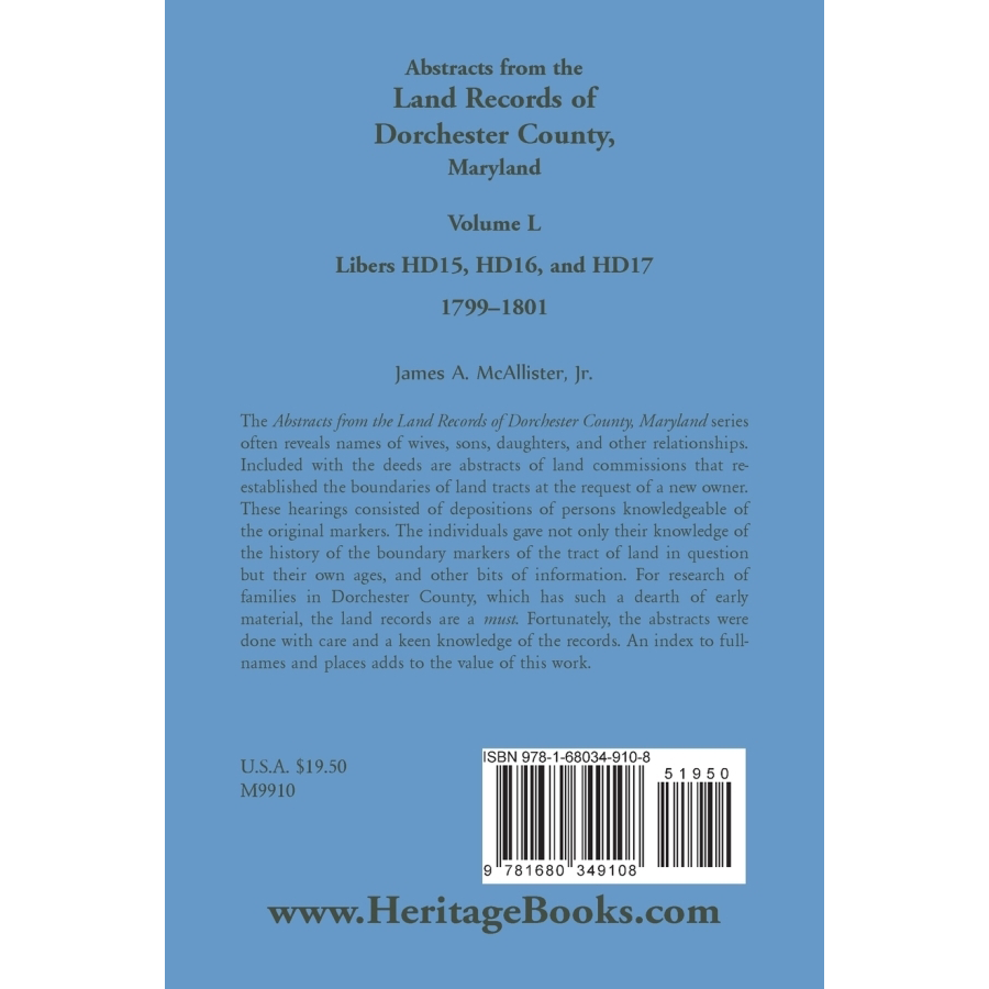 Abstracts from the Land Records of Dorchester County, Maryland, Volume L: 1799-1801 back cover