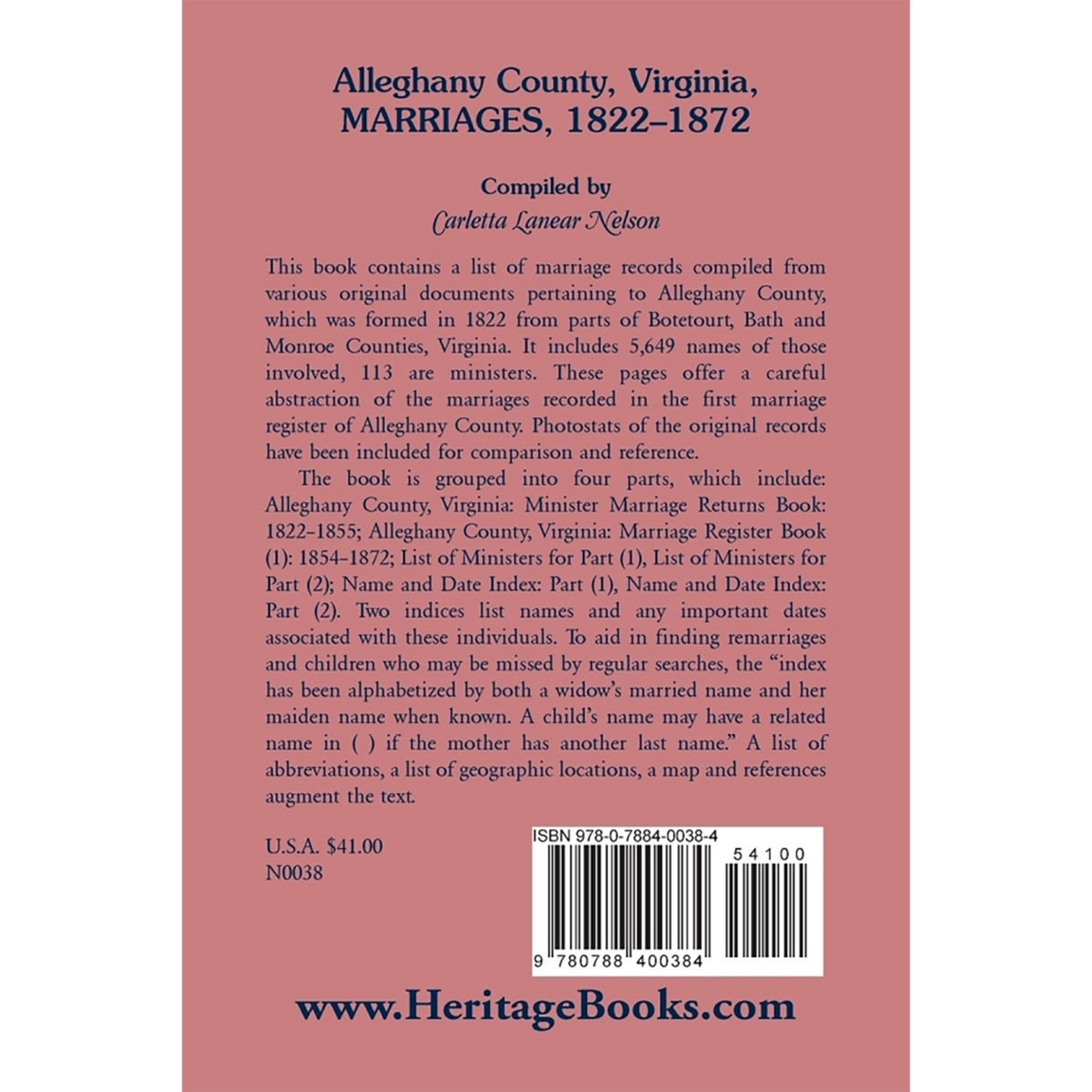 Alleghany County, Virginia, Marriages, 1822-1872 back cover