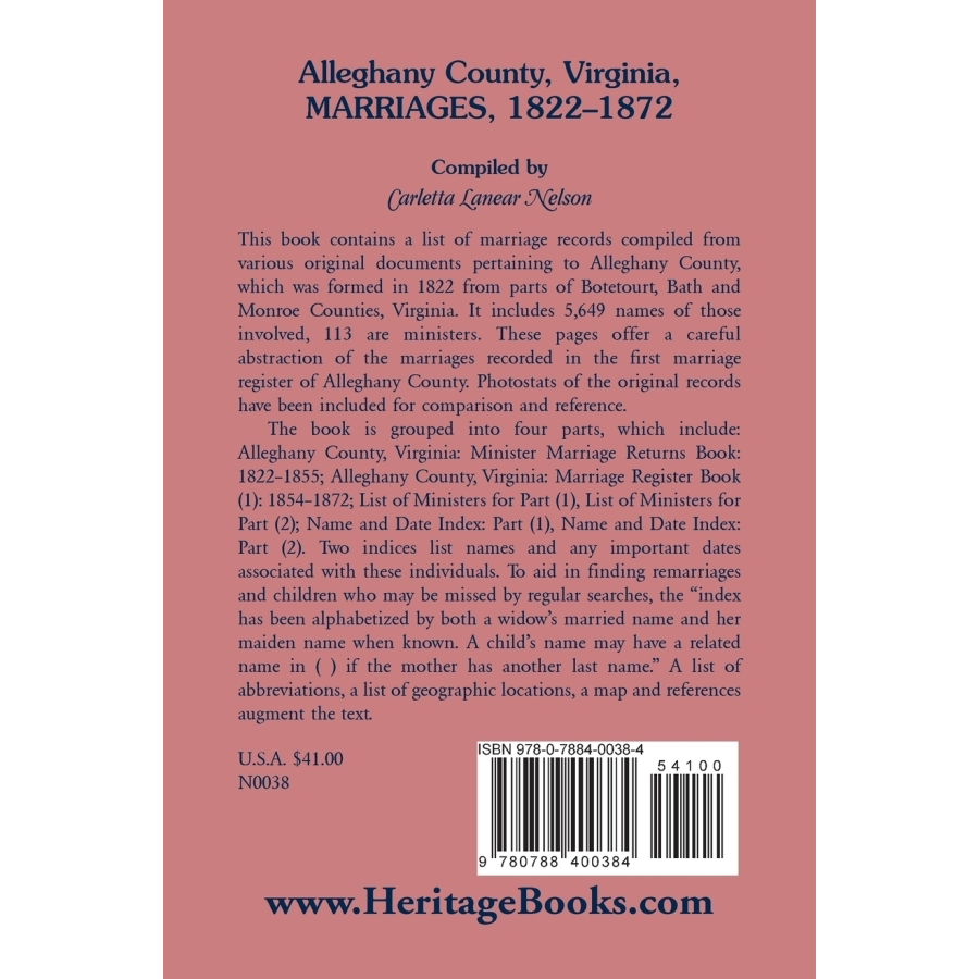 back cover of Alleghany County, Virginia, Marriages, 1822-1872