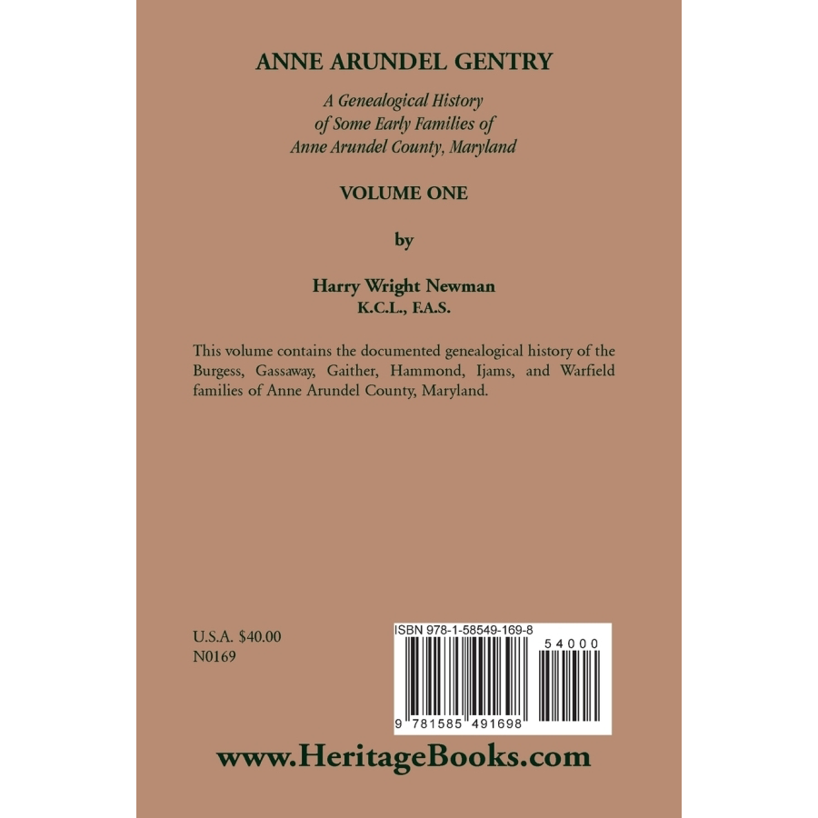 back cover of Anne Arundel Gentry, A Genealogical History of Some Early Families of Anne Arundel County, Maryland, Volume 1