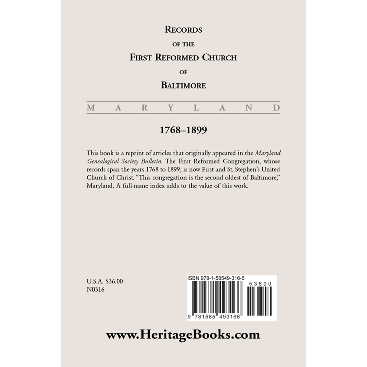 Records of the First Reformed Church of Baltimore [Maryland], 1768-1899 back cover