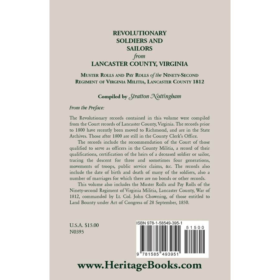 Revolutionary Soldiers and Sailors from Lancaster County, Virginia back cover