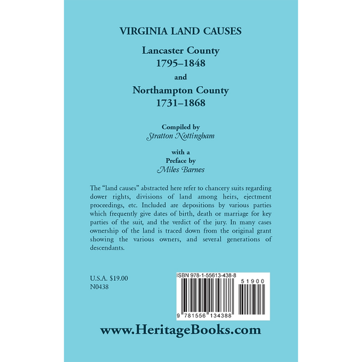Virginia Land Causes: Lancaster County, 1795-1848 and Northampton County, 1731-1868 back cover