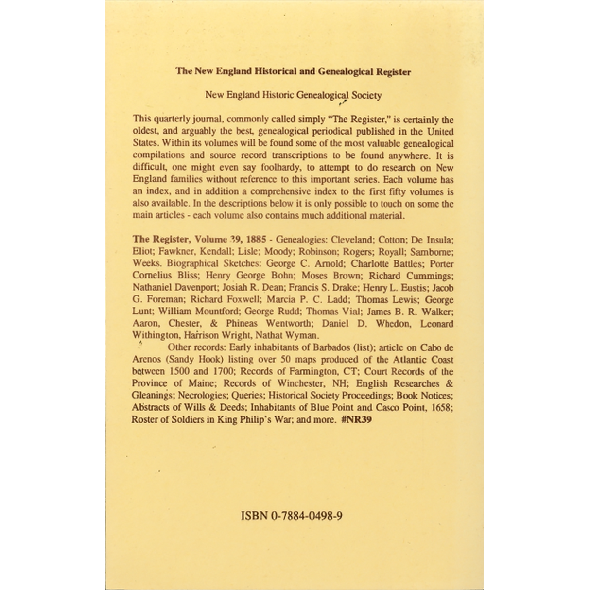 The New England Historical and Genealogical Register, Volume 39, 1885 back cover