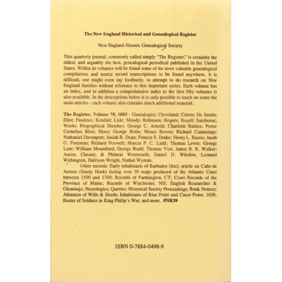 The New England Historical and Genealogical Register, Volume 39, 1885 back cover