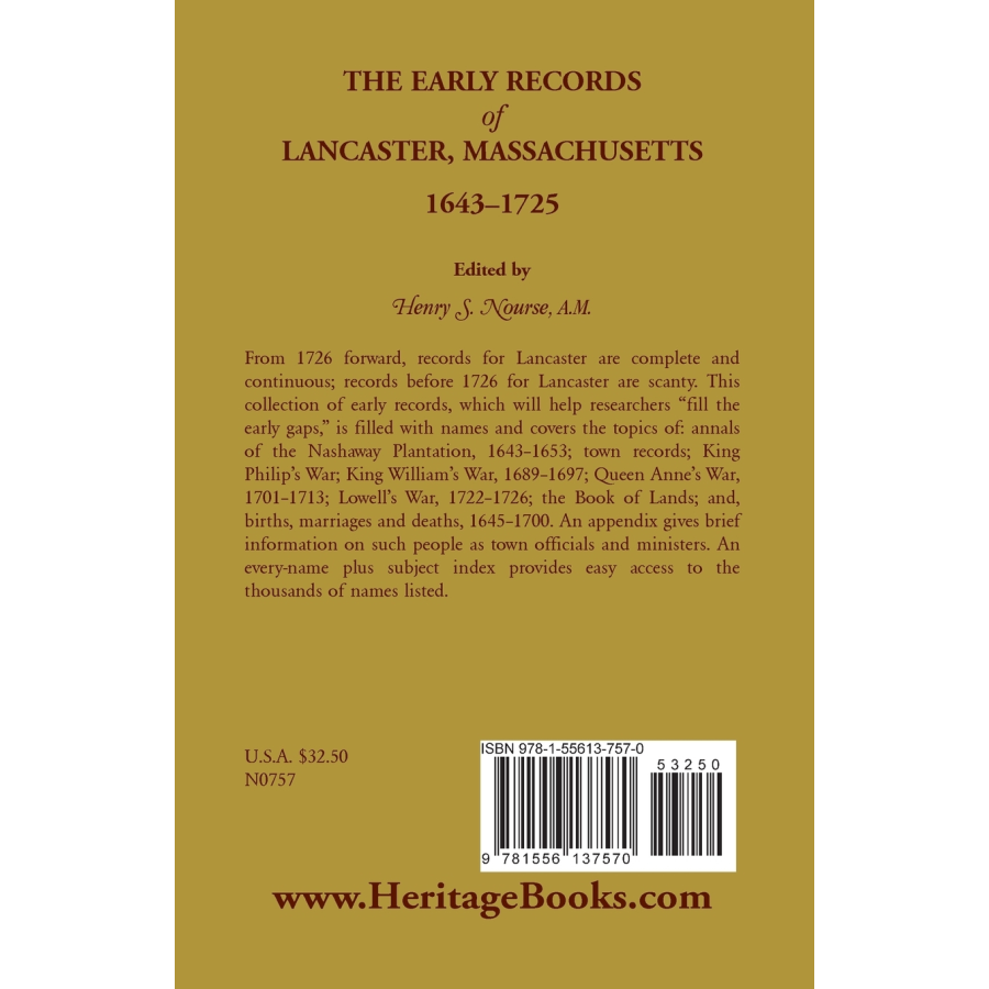 The Early Records of Lancaster, Massachusetts, 1643-1725 back cover