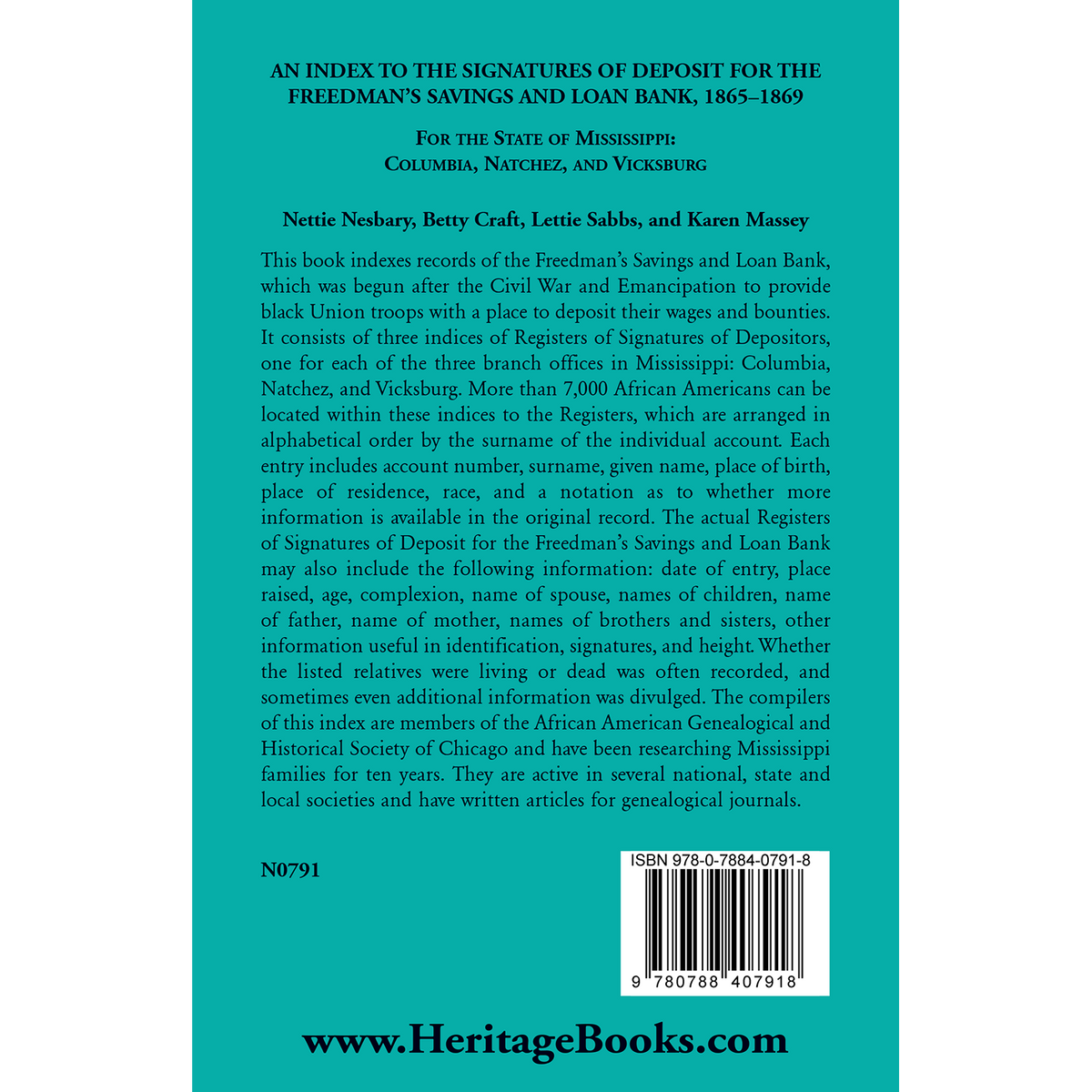 An Index to the Signatures of Deposit for the Freedman's Savings and Loan Bank, 1865-1869, For the State of Mississippi: Columbia, Natchez and Vicksburg back cover