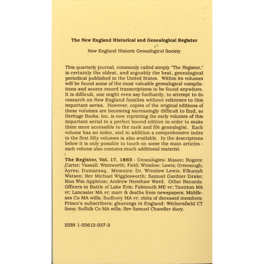 The New England Historical and Genealogical Register, Volume 17, 1863 back cover