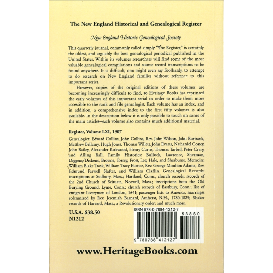 The New England Historical and Genealogical Register, Volume 61, 1907 back cover