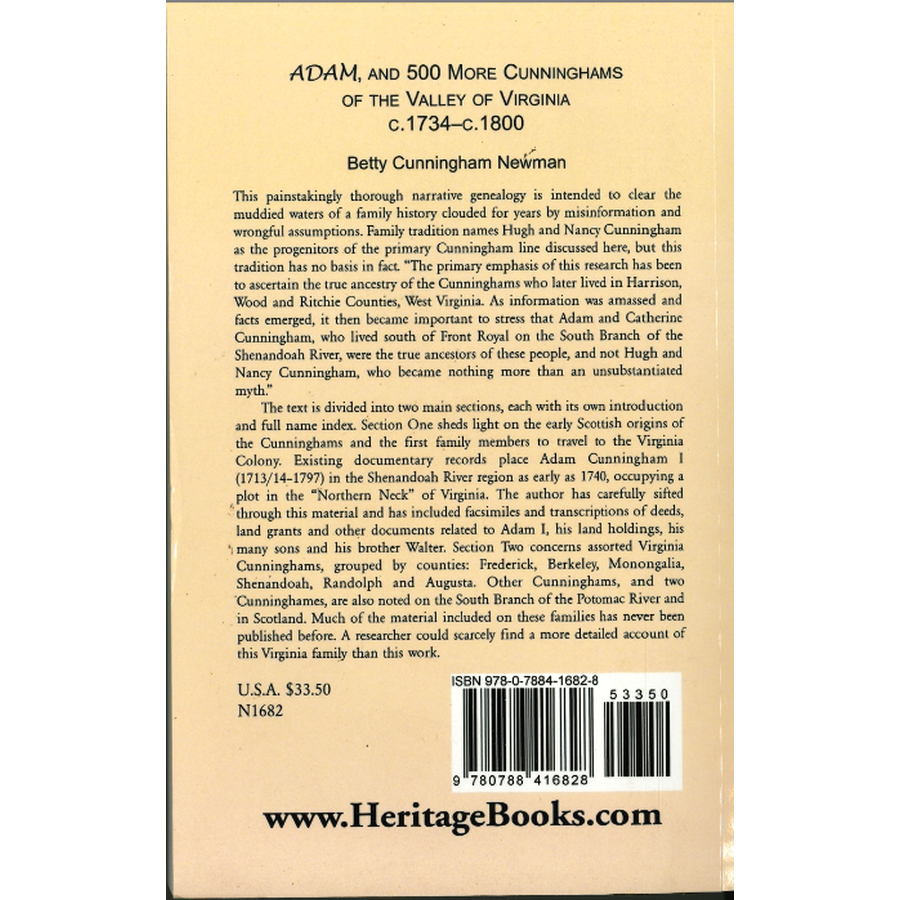 Adam, and 500 More Cunninghams of the Valley of Virginia, c.1734-c.1800 back cover
