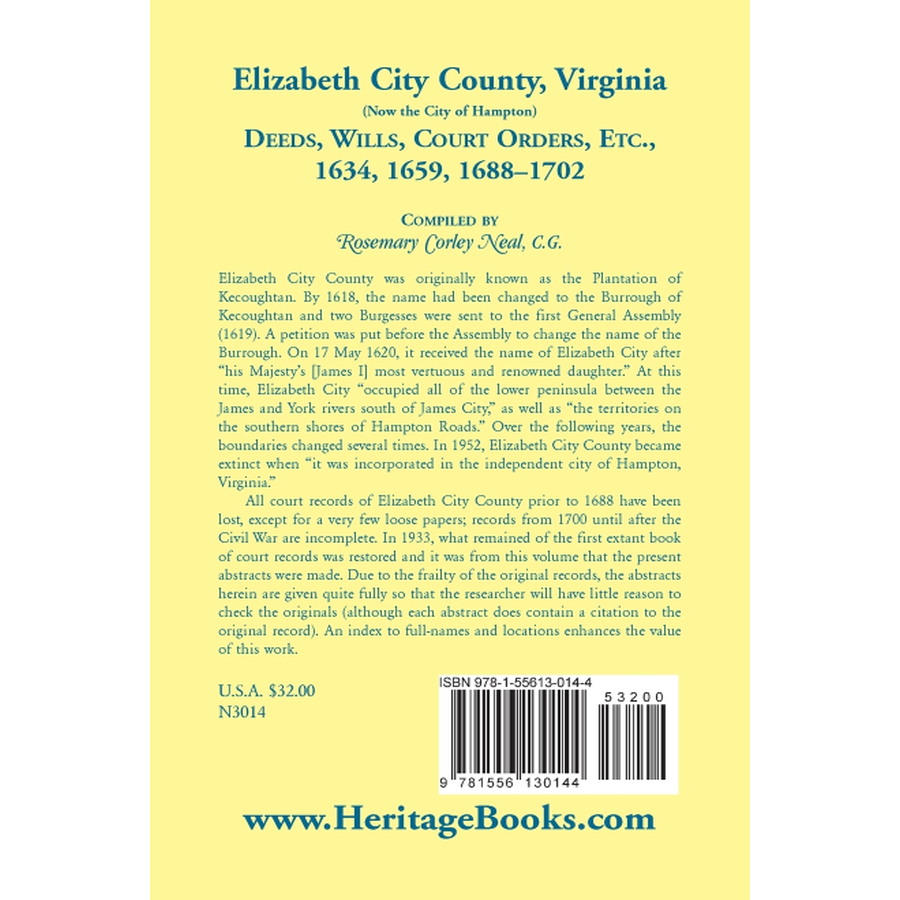 back cover of Elizabeth City County, Virginia (now the City of Hampton) Deeds, Wills, Court Orders, etc. 1634, 1659, 1688-1702