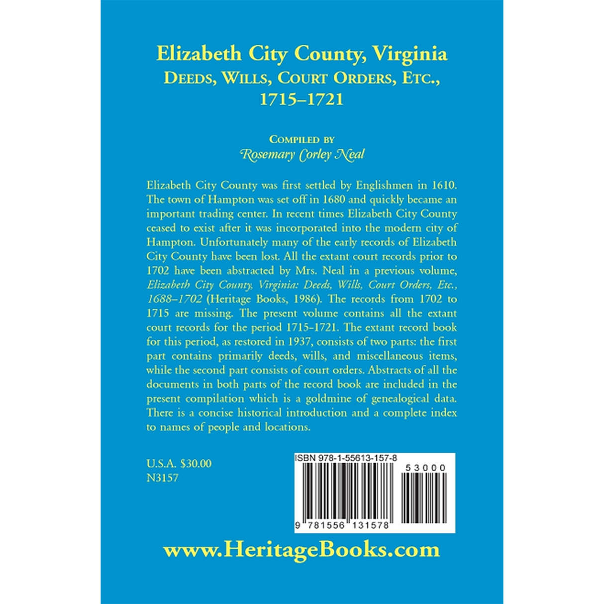 Elizabeth City County, Virginia Deeds, Wills, Court Orders, 1715-1721 back cover