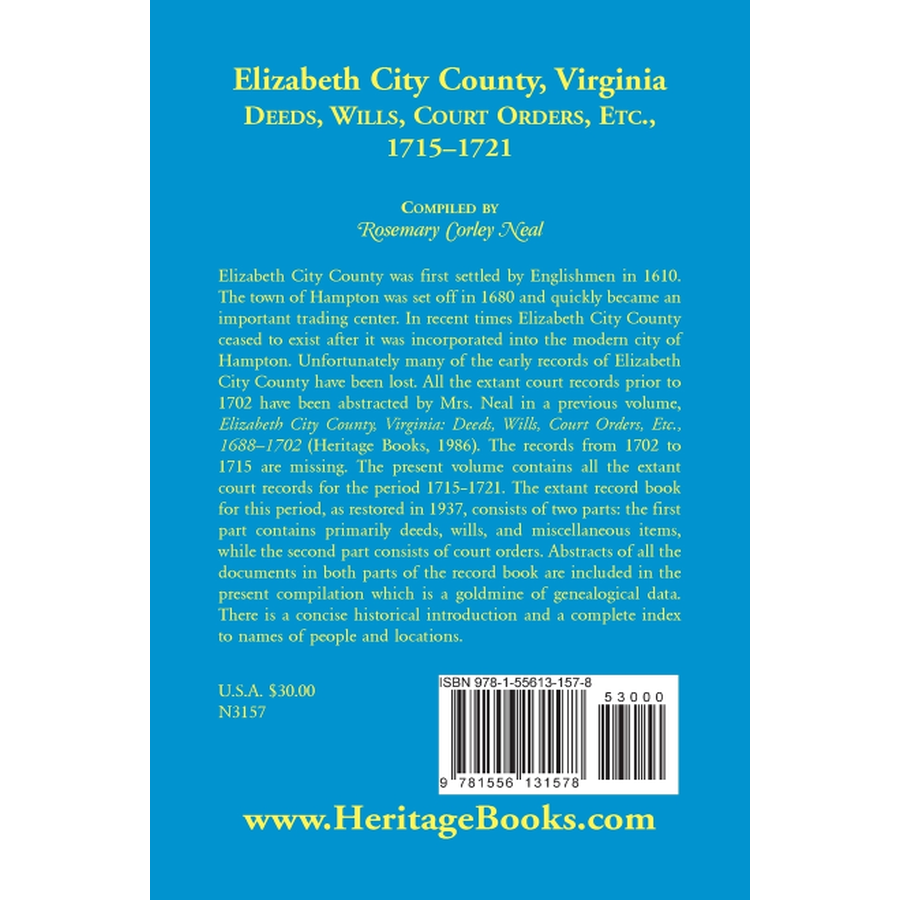 back cover of Elizabeth City County, Virginia Deeds, Wills, Court Orders, 1715-1721