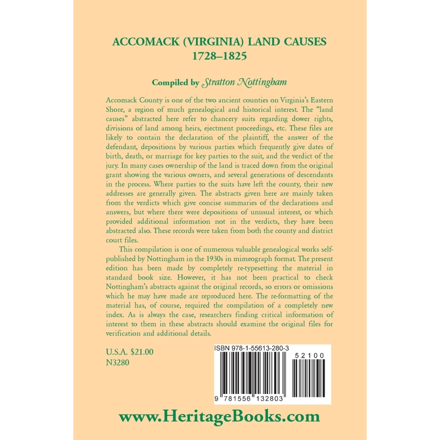 back cover of Accomack County, Virginia Land Causes, 1728-1825