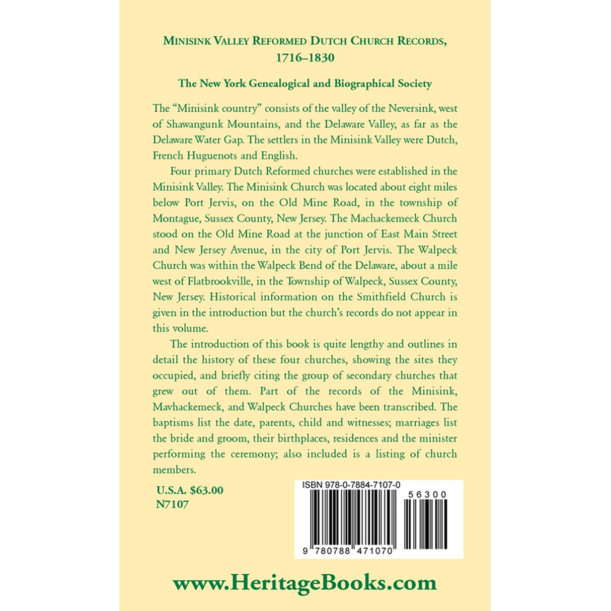 Minisink Valley Reformed Dutch Church Records 1716-1830 [hard cover] back cover