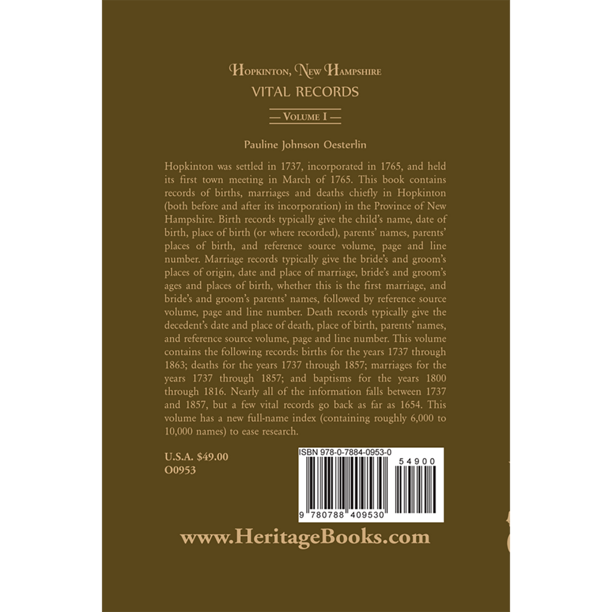 Hopkinton, New Hampshire, Vital Records, Volume 1 [cloth] back cover