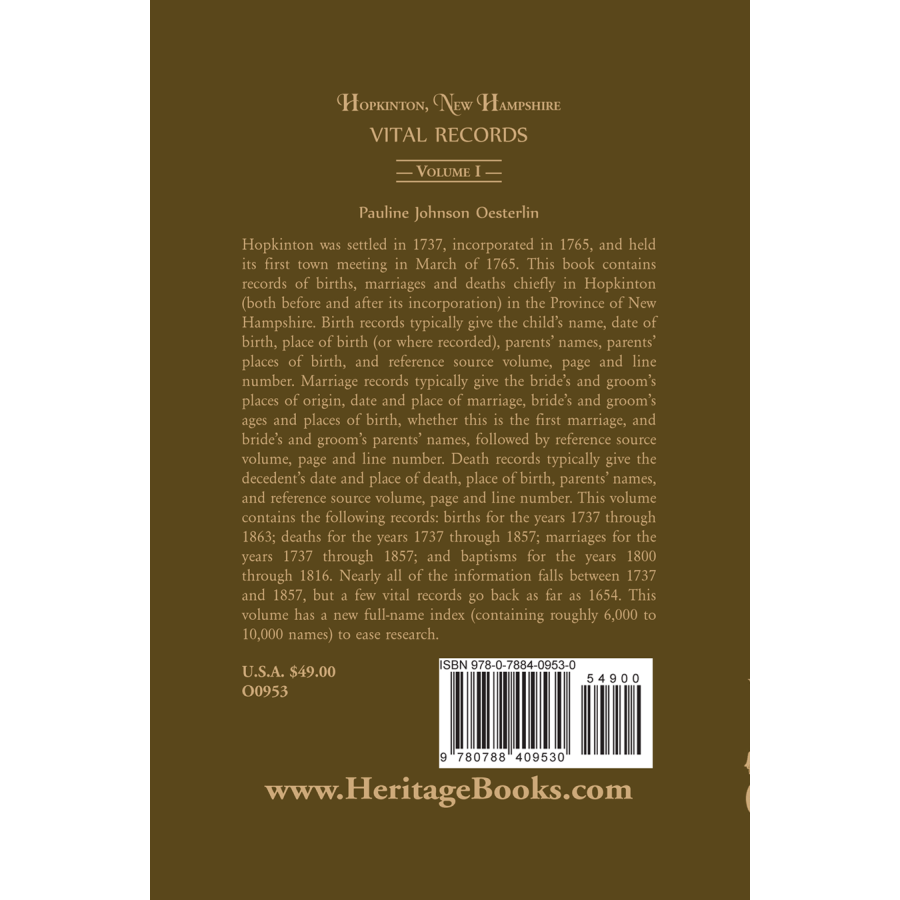 Hopkinton, New Hampshire, Vital Records, Volume 1 [cloth] back cover
