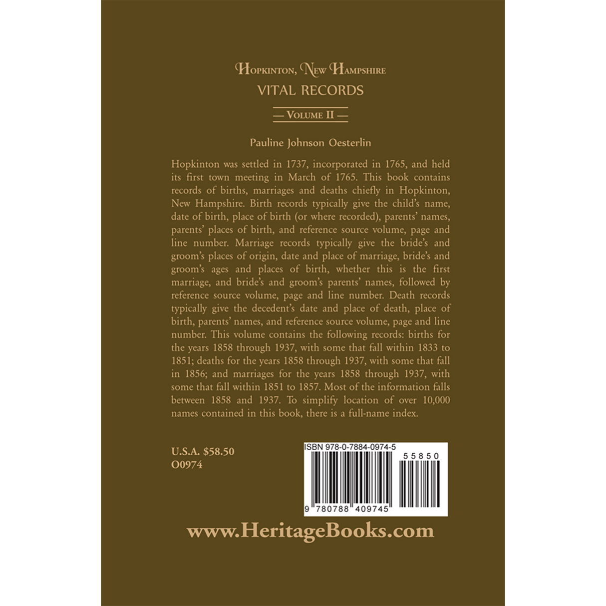 Hopkinton, New Hampshire, Vital Records, Volume 2 [cloth] back cover