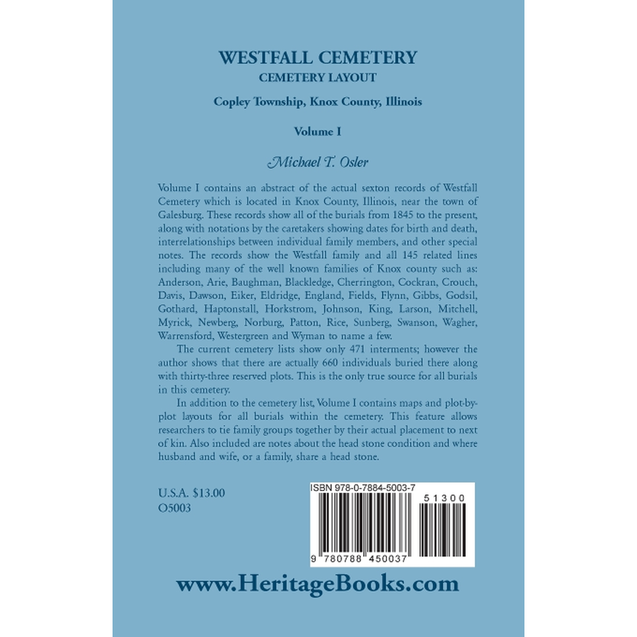 Westfall Cemetery, Copley Township, Knox County, Illinois: Cemetery Layout back cover