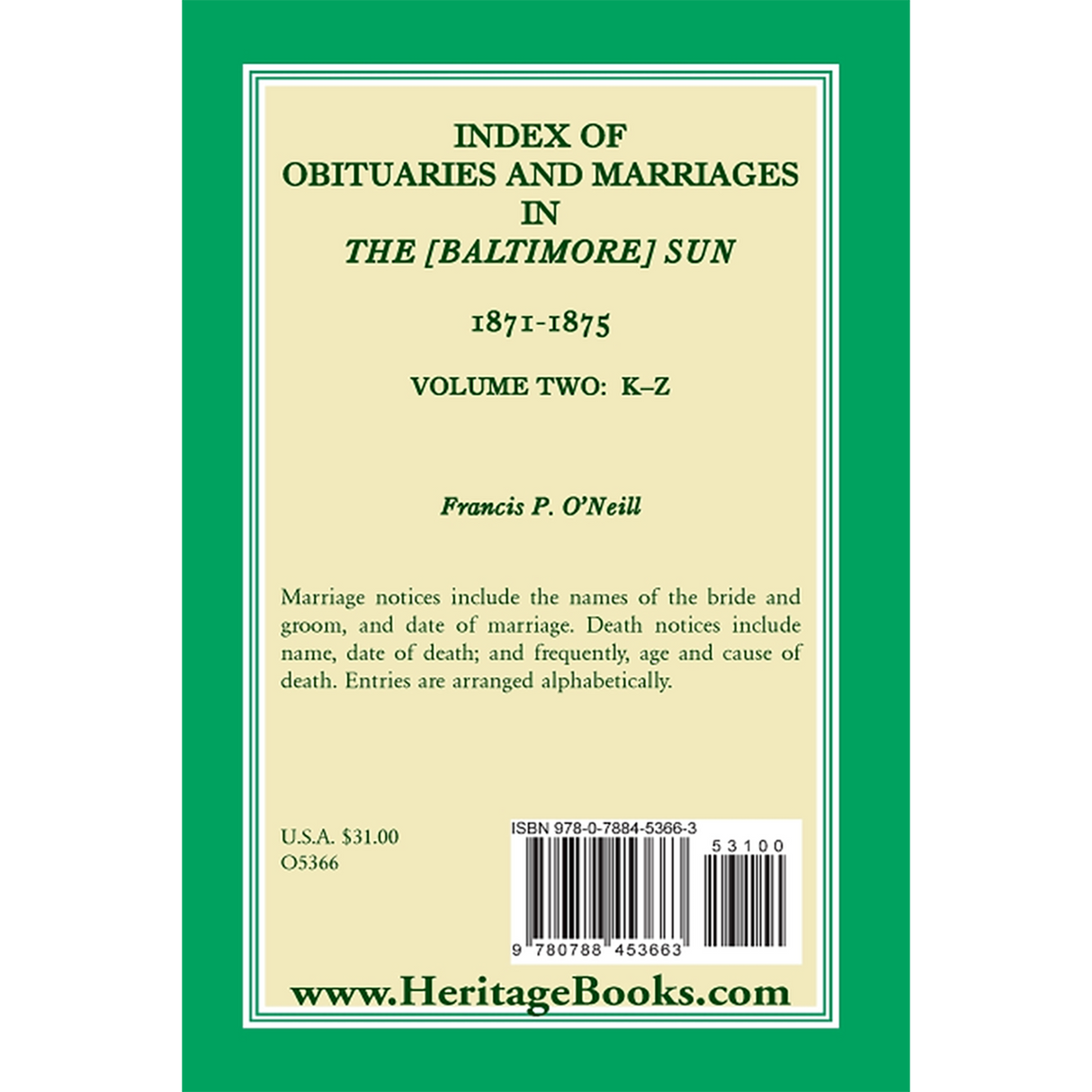 Index of Obituaries and Marriages in The (Baltimore) Sun, 1871-1875, K-Z back cover
