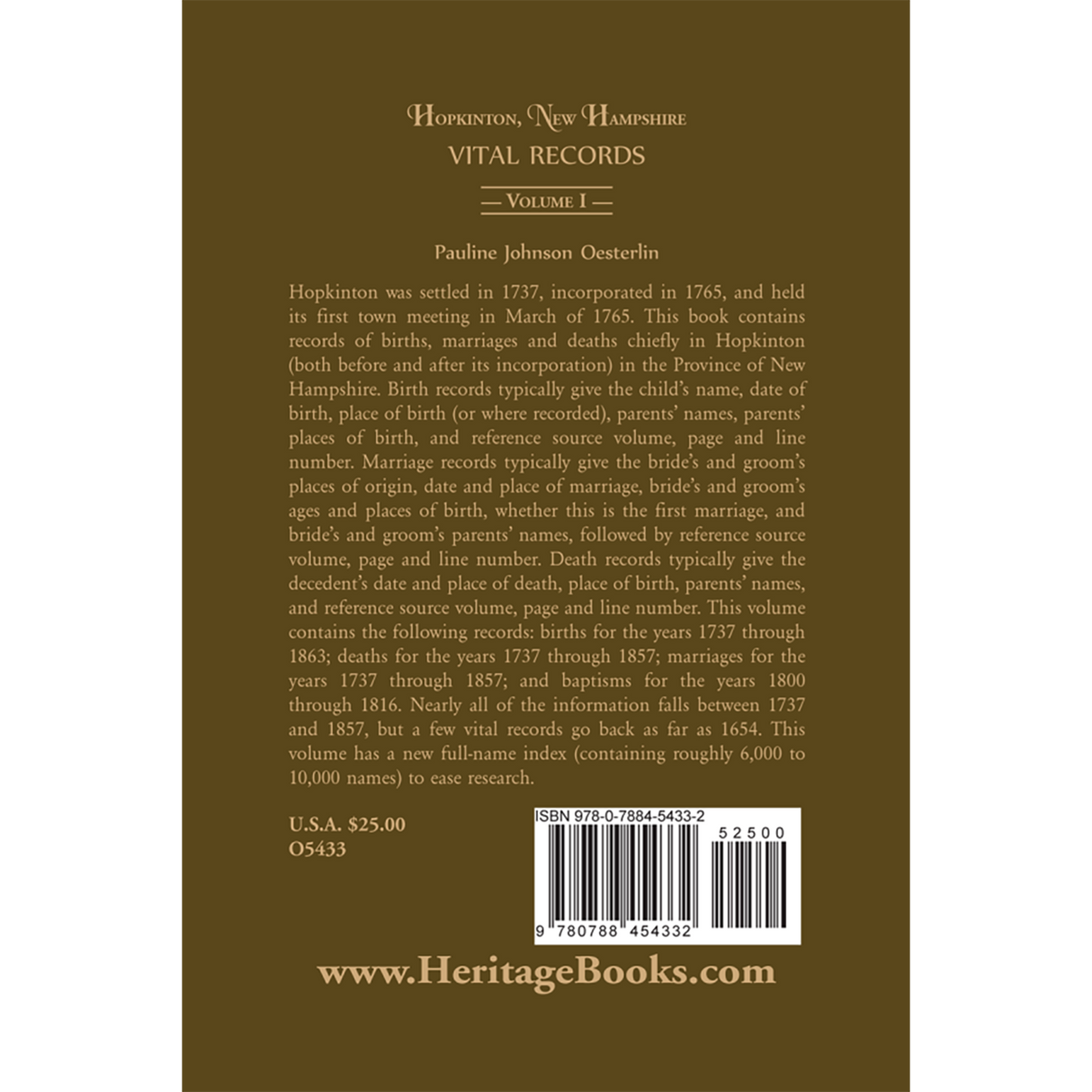 Hopkinton, New Hampshire, Vital Records, Volume 1 [paper] back cover